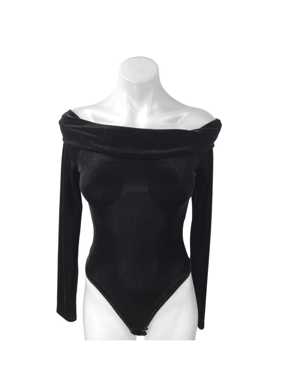 Naked Wardrobe Black Velvet Velour Off Shoulder Long Sleeve Bodysuit Top Size S